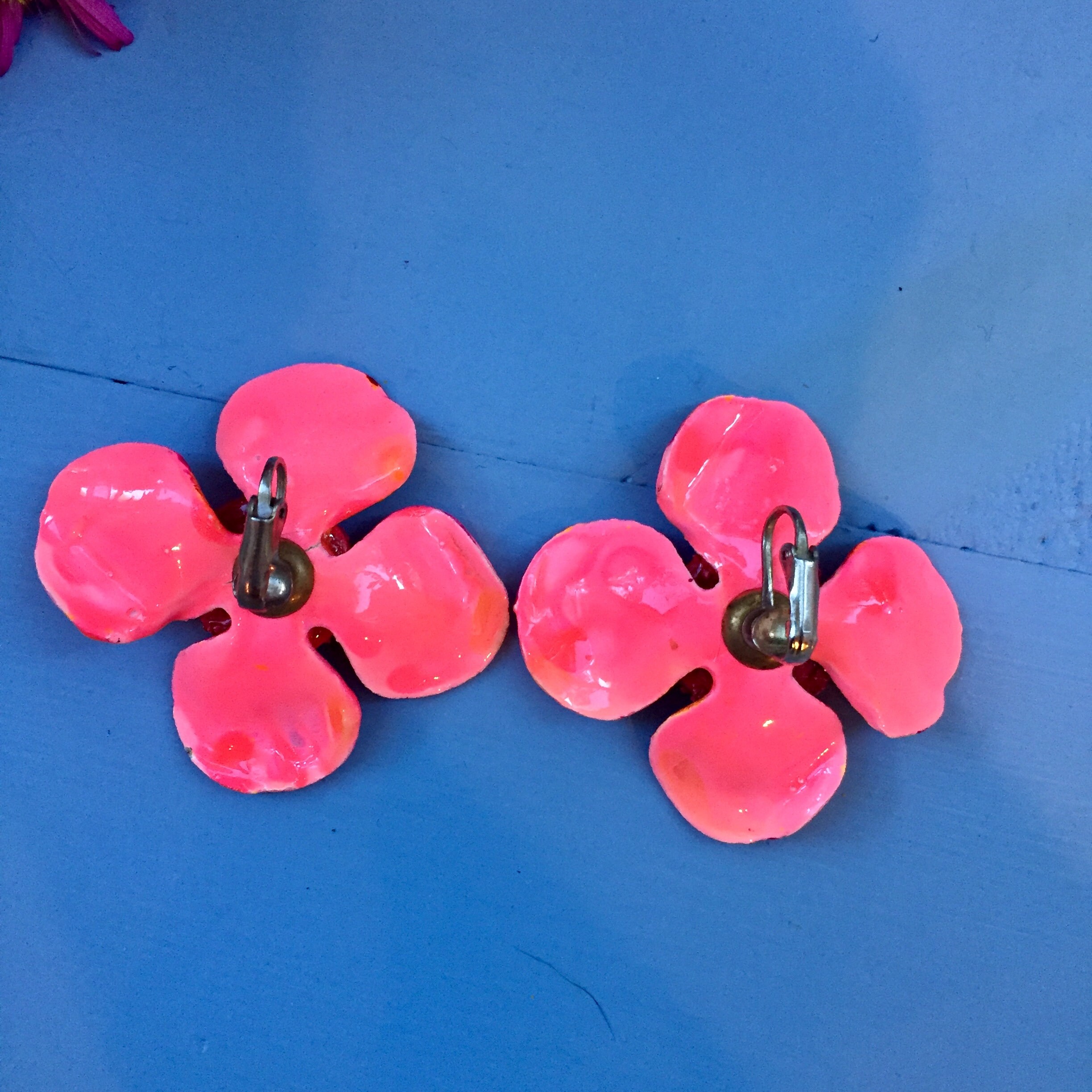 Vintage 1960s Large Enamel Flower Earrings, Vintage ClipOn Earrings