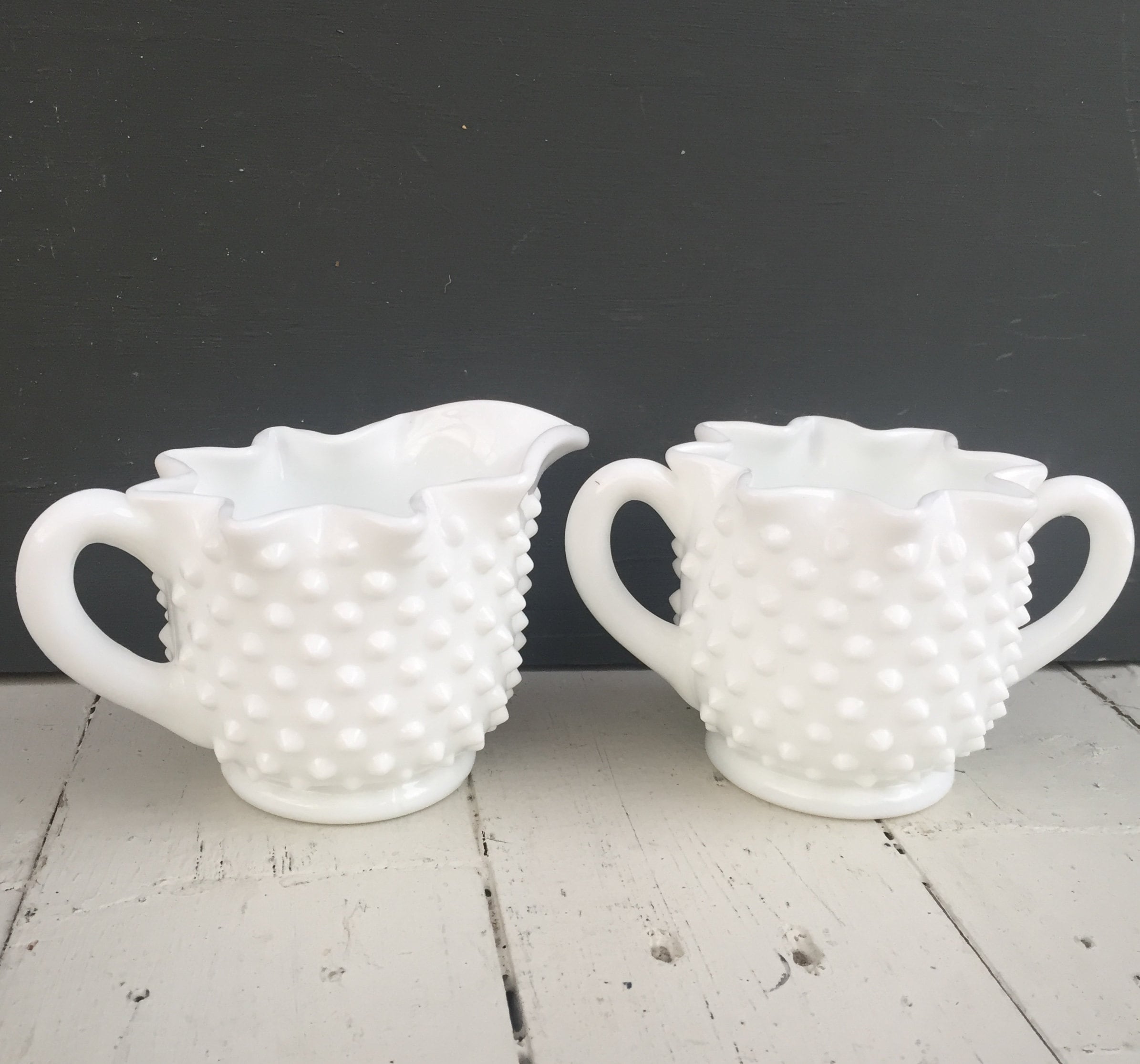 Vintage White Milk Glass Sugar and Creamer Set, Vintage Hobnail Milk