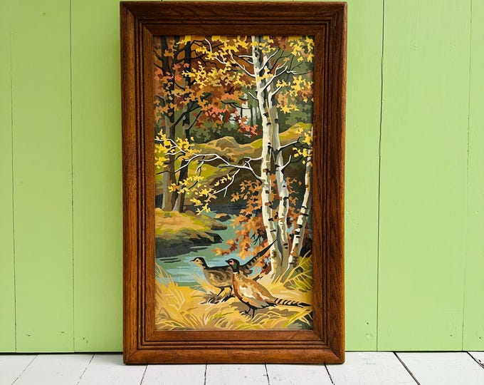 Vintage 1970 Framed Paint By Numbers Woodland Pheasant Scene | Signed & Dated Folk Art Landscape | Autumn Forest Cabin Decor