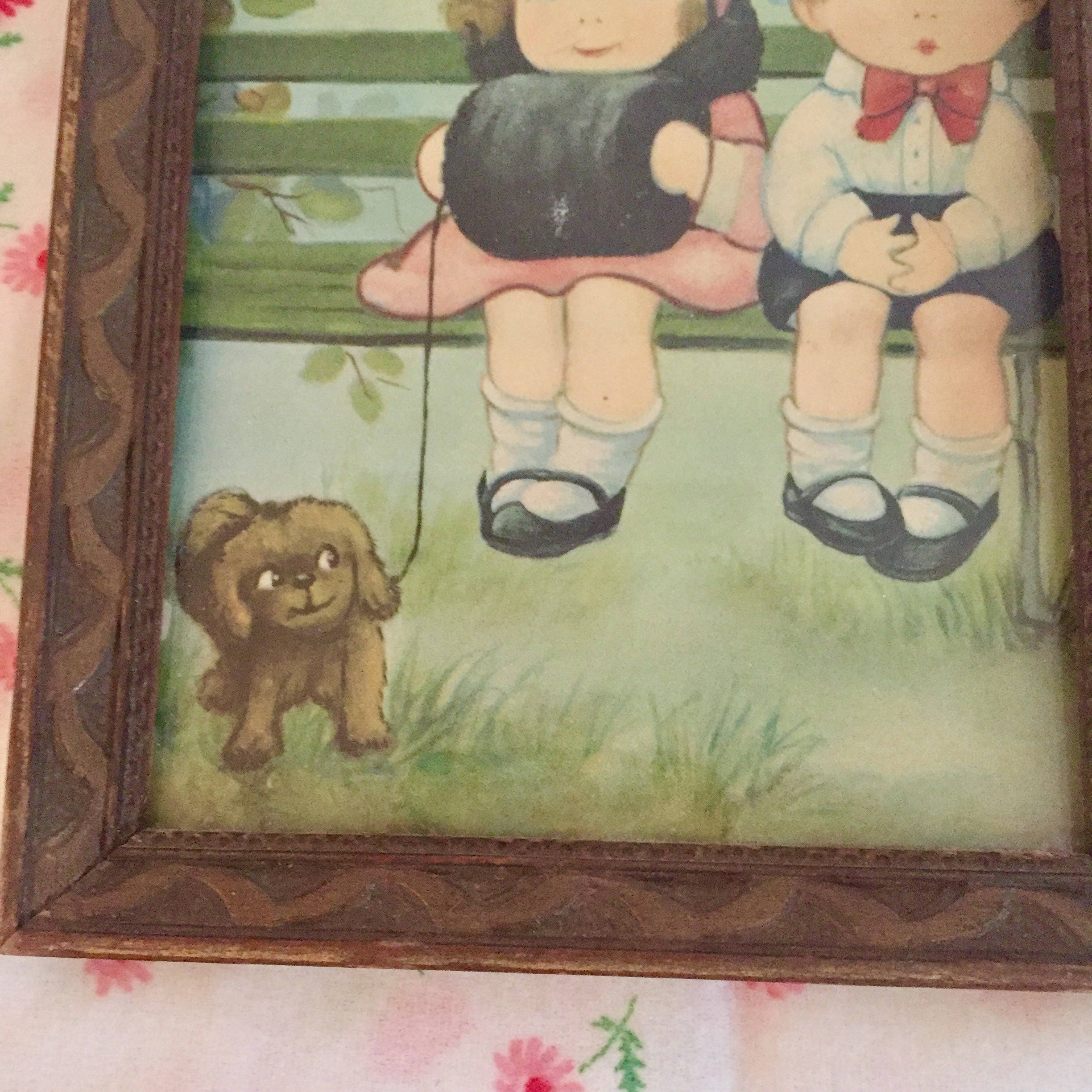 Vintage Kitschy Picture, Mid Century Kewpie Kids Picture, Vintage