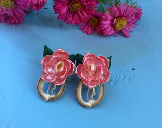 Vintage 1930s Earrings, Antique Rose Earrings, Vintage Shell Carved Earrings, Antique Earrings, Vintage Clip-on Earrings