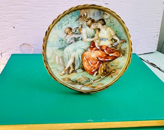 Antique Early 1900s French Limoges Porcelain Small Framed Plaque with Pastoral Scene and a Cherub