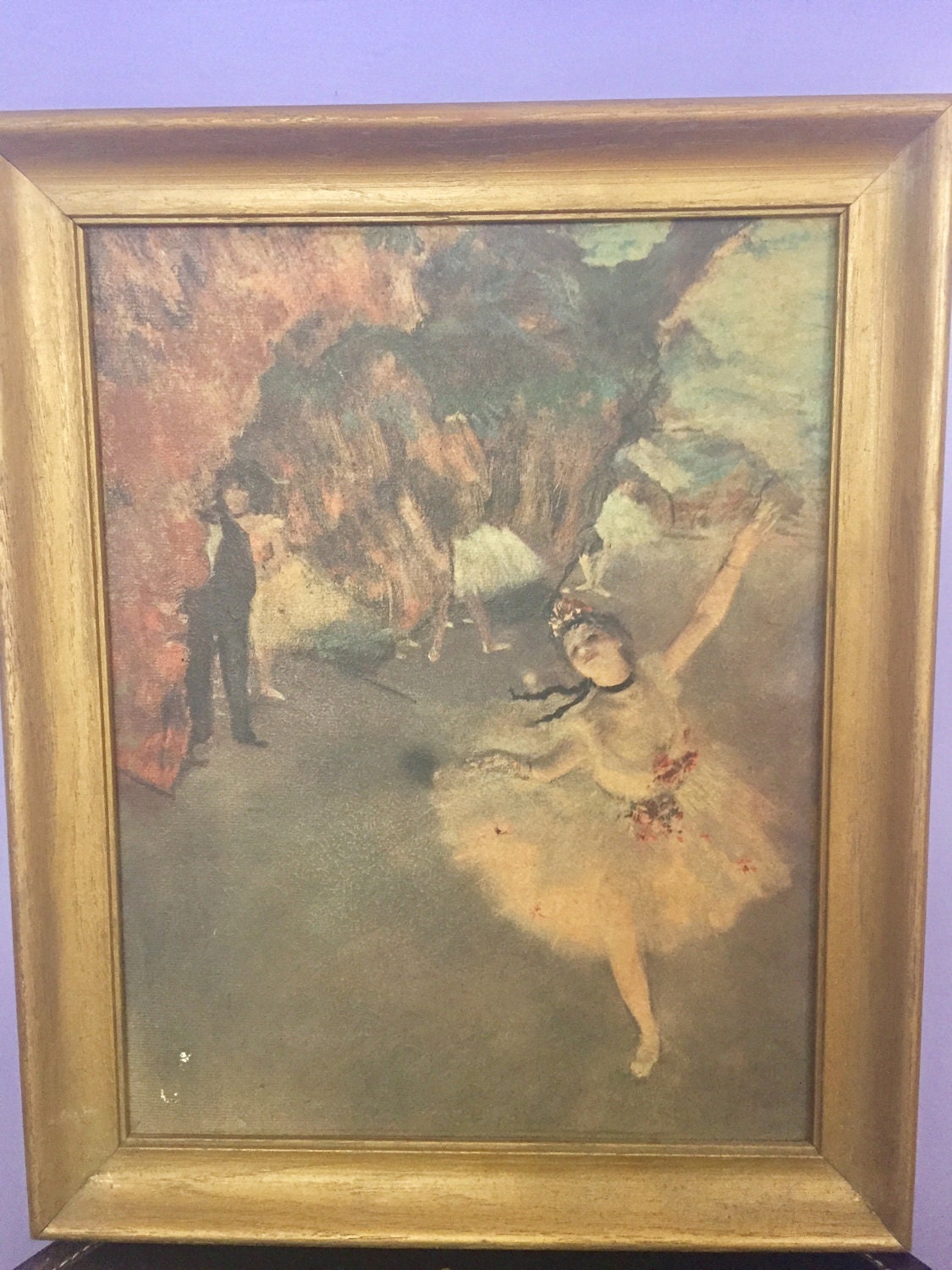Vintage Degas Ballerina on Stage Wood Framed Lithograph Print, Vintage
