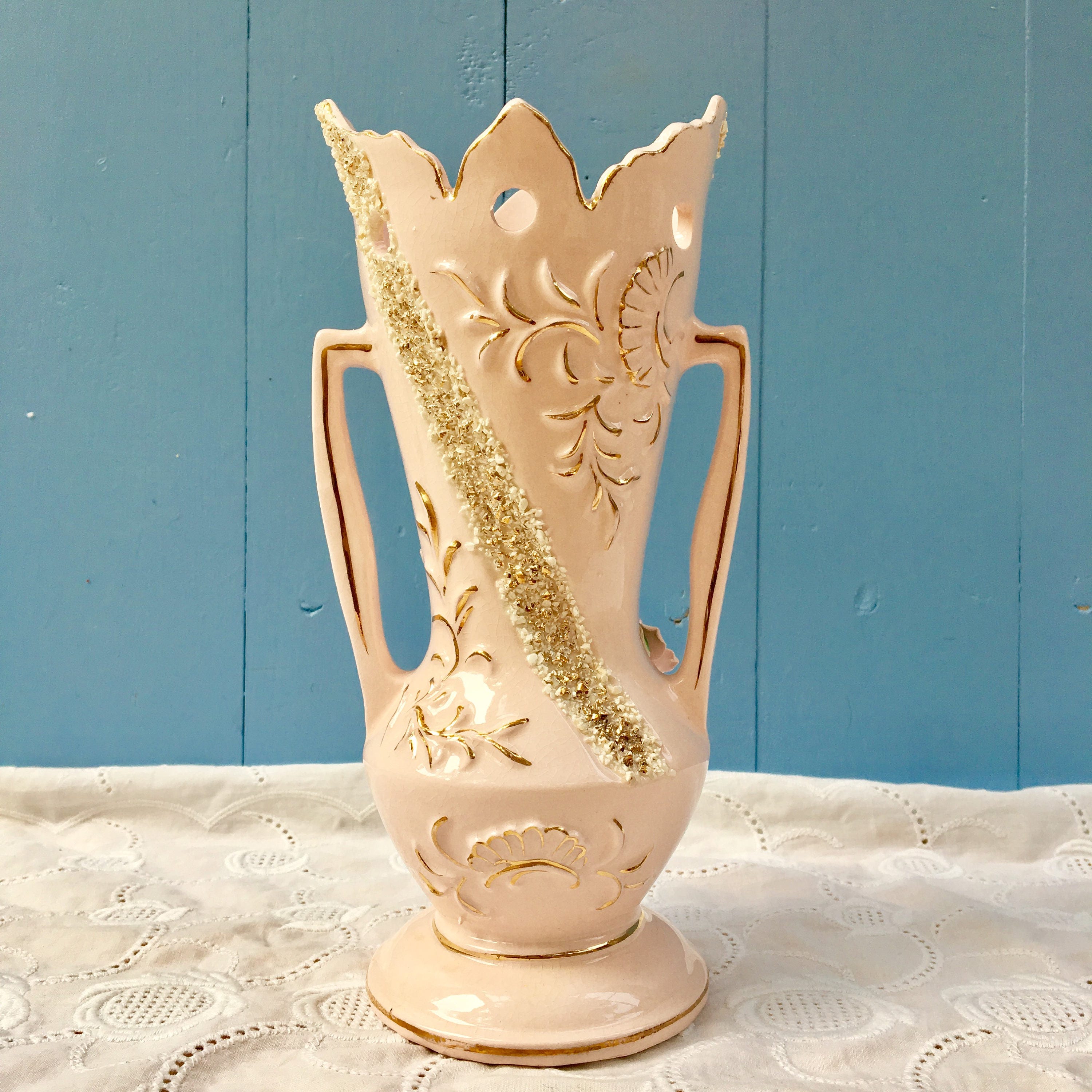 Vintage 1950s Pink Floral Handled Vase, Vintage Shabby Chic Pink Vase