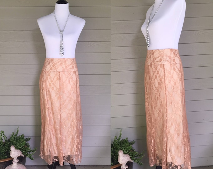 Vintage Worthington Rose Champagne Colored Lace Skirt, Vintage Long Lace Skirt, Women's Size Small