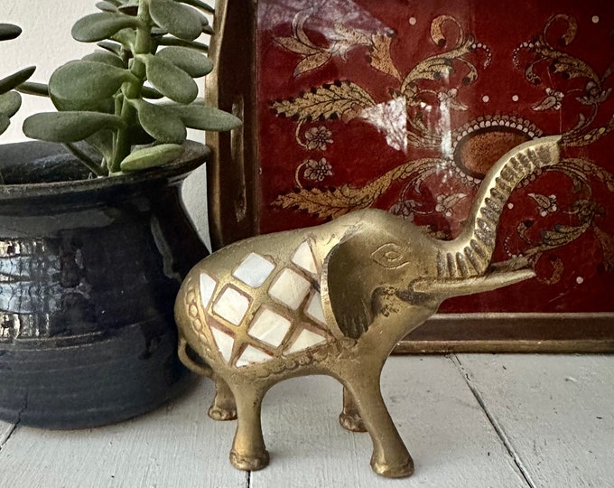 Vintage Small Brass Elephant with Mother of Pearl Inlay, Mid Century Decor, Brass Animal, Brass Decor
