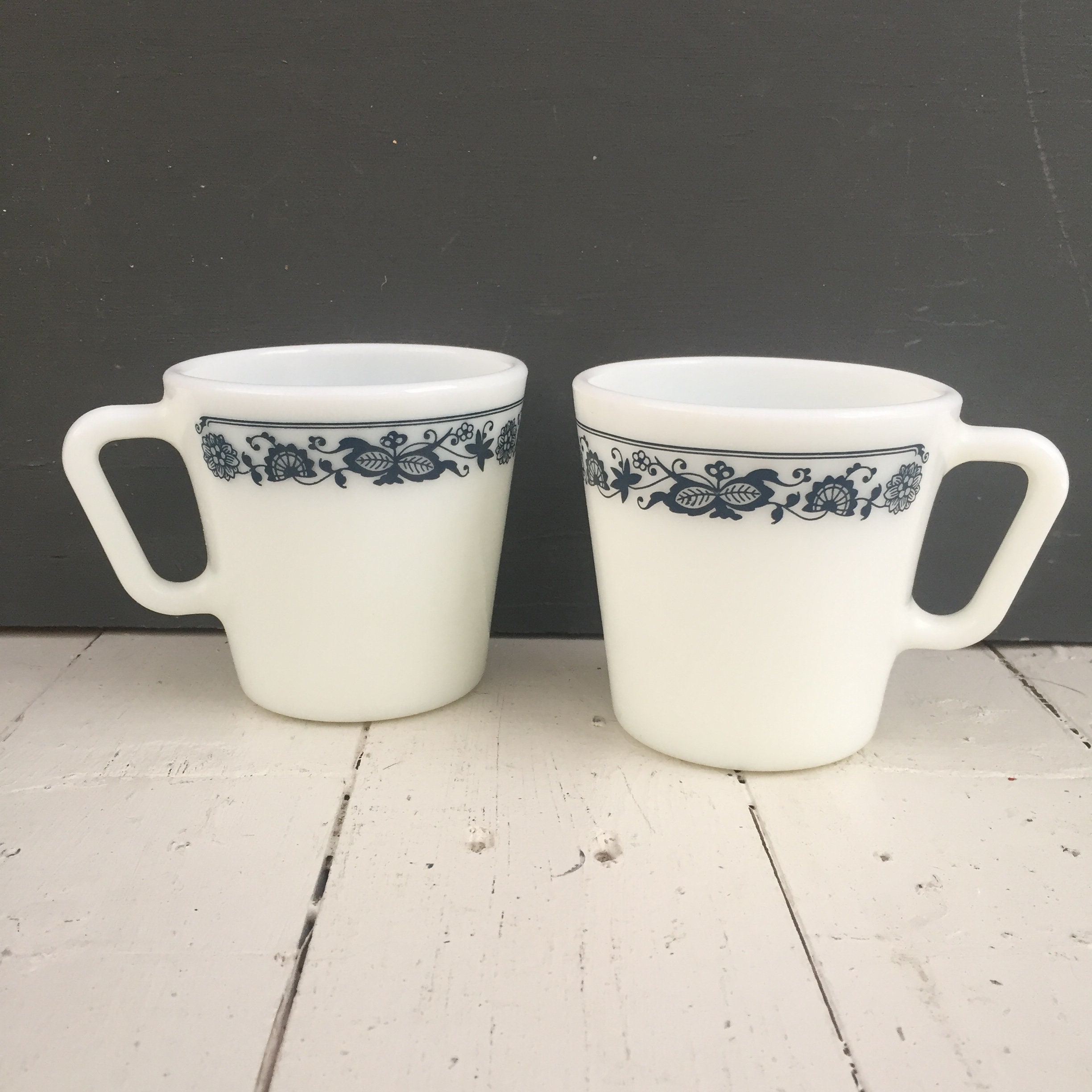 Vintage Pyrex Coffee Mugs, Set of Two, Pyrex Old Town Blue Pattern Mugs