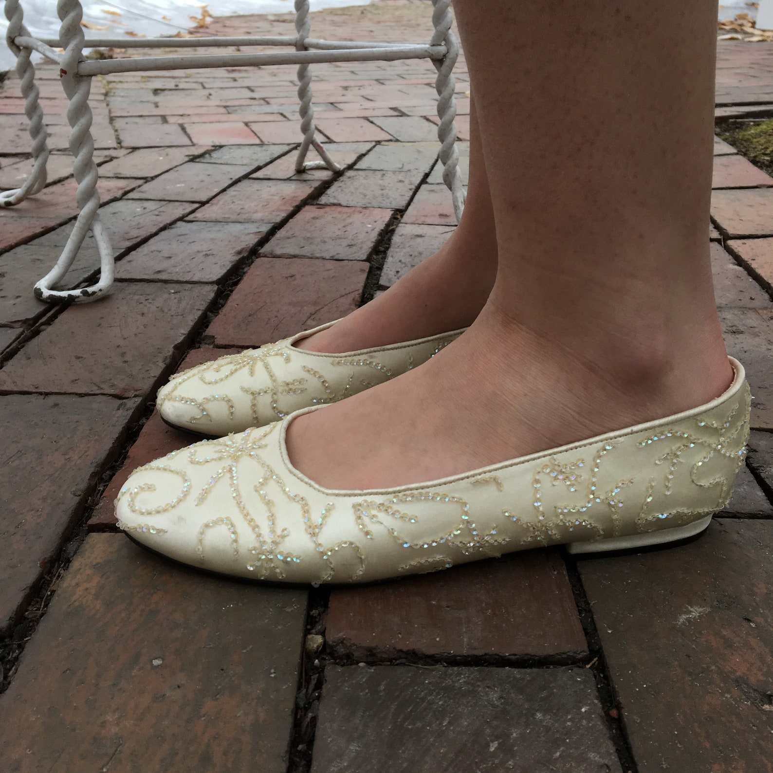 vintage caparros wedding flats, women's size 7, ivory ballet flats, vintage bride's shoes, vintage bride's flats, wo