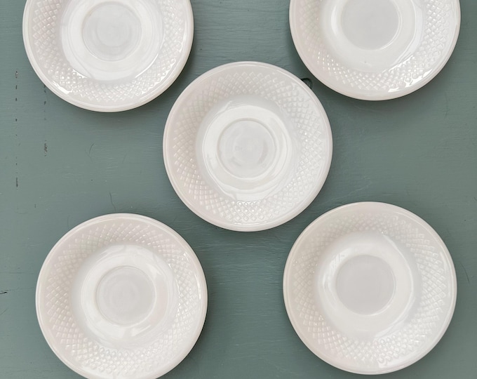 Vintage Federal Glass Addison Saucers Lot of Five White Milk Glass Small Plates Basketweave Design