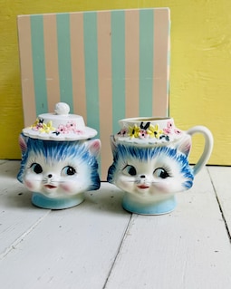 Rare Vintage Lefton Miss Priss Sugar and Creamer Set Blue Kitten
