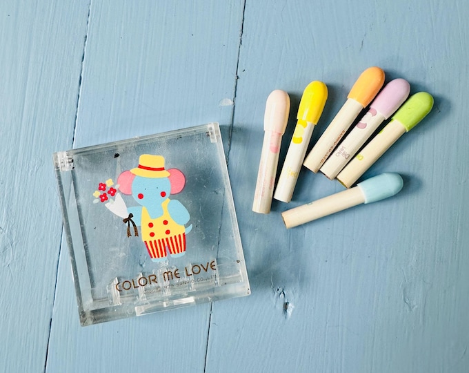 Rare Vintage 1979 Sanrio Color Me Love Tiny Pastel Pencils and Case Sanrio Elephant Case  Rare 1970s Sanrio Pastel Pencils with Case