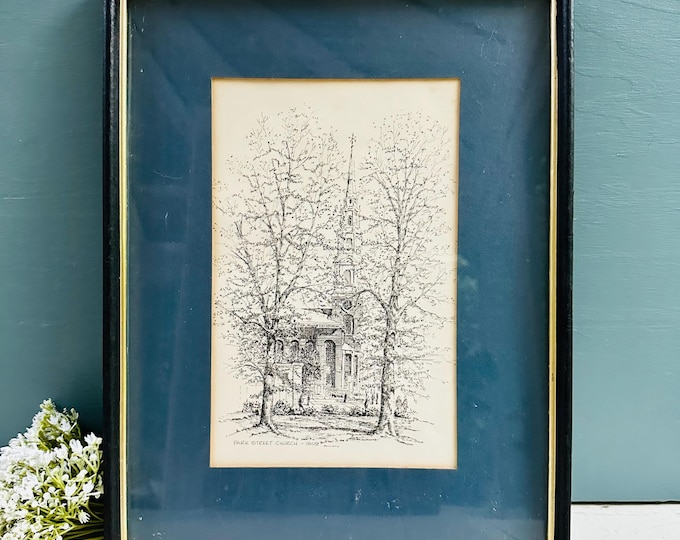 Vintage Park Street Church Boston Pen and Ink Drawing Framed Architectural Art Historic New England Church Illustration