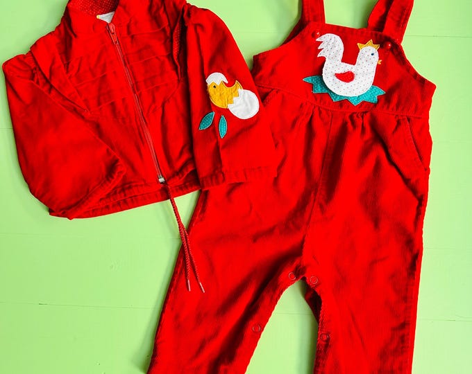 Vintage 70s Corduroy Overalls and Matching Jacket, Farm Animals Outfit, Western Children's Outfit, Baby girl size 12 months, Red Corduroy