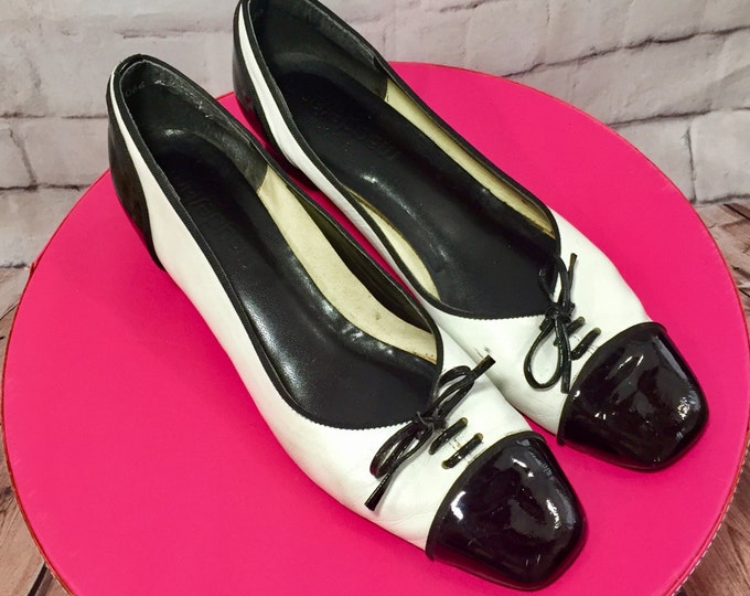 Vintage California Magdesians Women's Dress shoe Size 7.5, Vintage Women's Black White Patent leather Block Heel Shoes, Vintage Dress Shoes