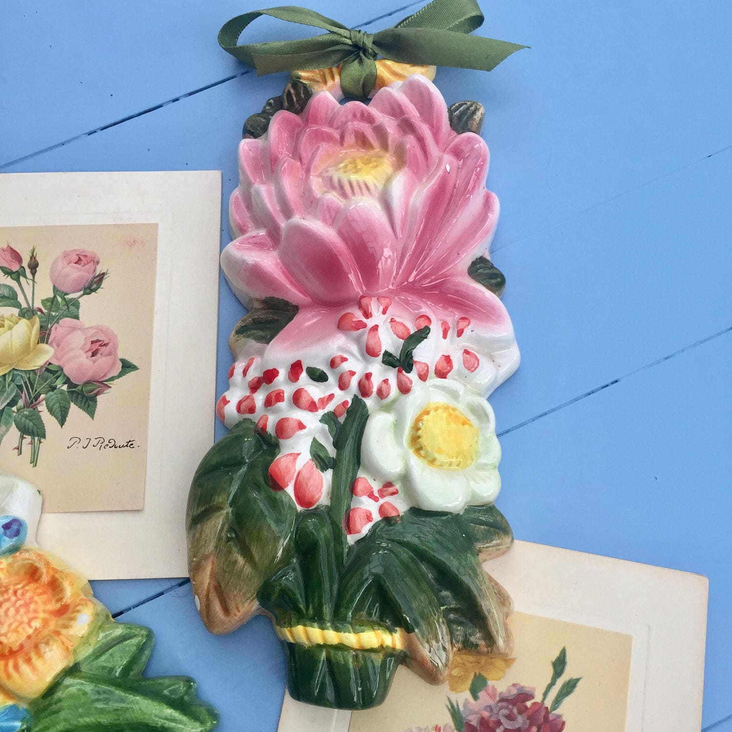 Vintage 1950s Ceramic Flower Wall Hangings, Mid Century Floral Ceramic