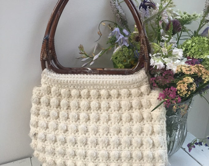 Vintage Crocheted Handbag, Vintage Gino R'de Moni Paris Bag, Vintage Crocheted Purse with Brown Plastic Handles