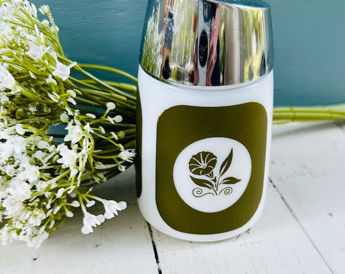 Vintage 60s Dripcut Starline Shaker, Olive Green White Morning Glory Milk Glass Retro Kitchen Accessories, Santa Barbara Sugar Dispenser