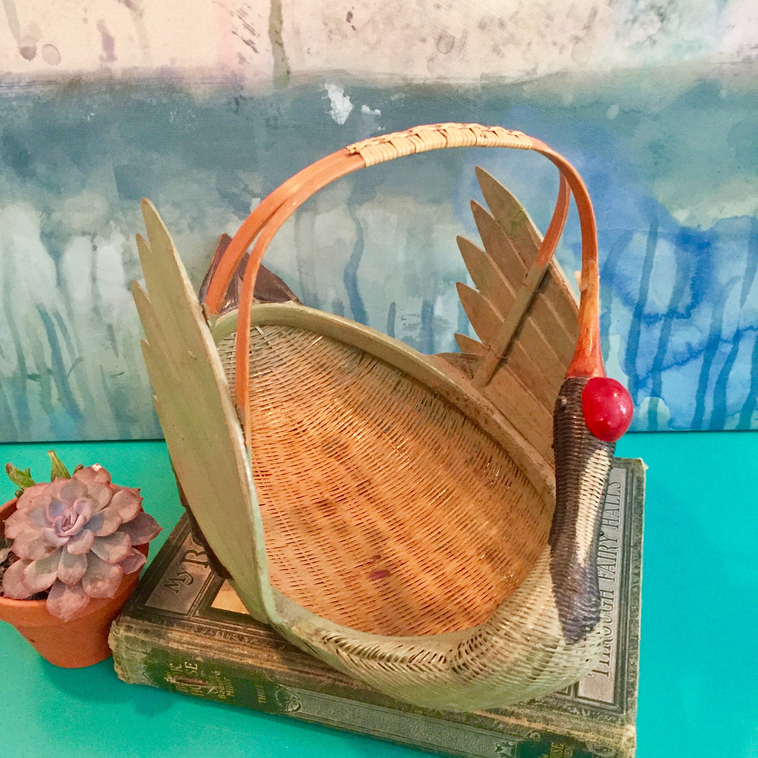 Vintage Wicker Bird Basket, Handpainted Wicker Bird Basket, Boho Chic