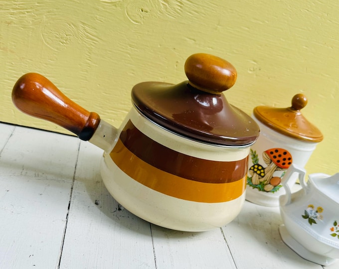 Vintage 1960s Levcoware Fondue Pot, Vintage Enamel Pot, Retro Kitchenware, Brown Striped Pot, Retro Pots and Pans, MCM Pot, 60s Dining