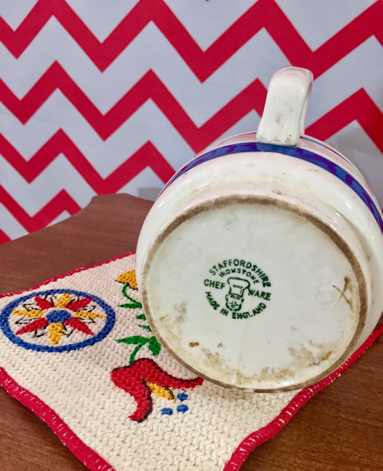 Vintage 1960s Staffordshire Ironstone Pitcher, Blue White Chefware