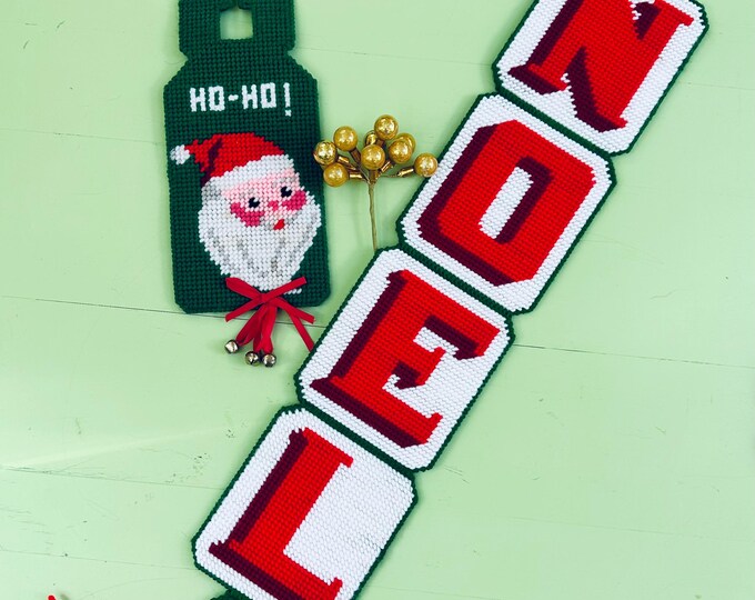 Vintage Noel Christmas Wall Hanging Santa Door Hanger Cross-Stitch Noel Sign Ho-Ho Santa Needlepoint Christmas Decor Farmhouse Christmas