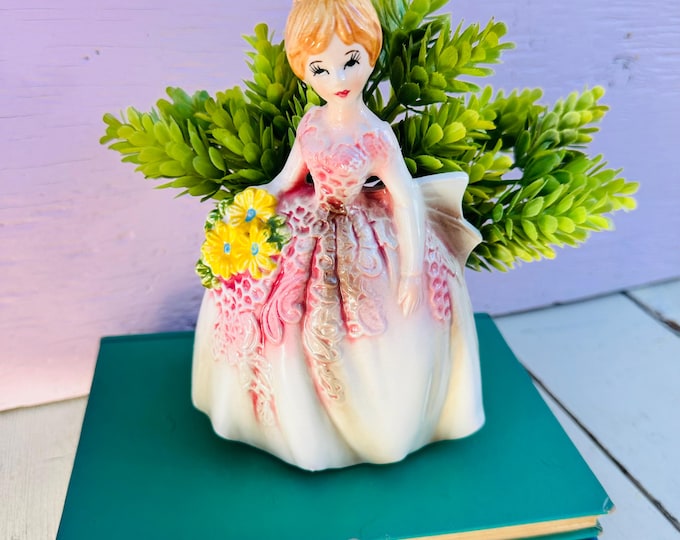 Vintage Caffco Lady Vase Planter Made in Japan Holding Yellow Flowers