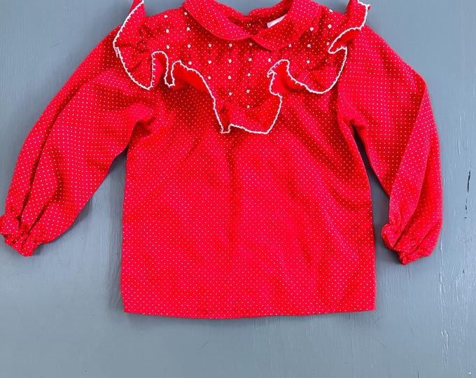 Vintage Polly Flinders Top Girls Size 4 Christmas Shirt Red White Polka Dots Ruffled Collar Fancy Xmas Shirt 70s Retro Girls Top