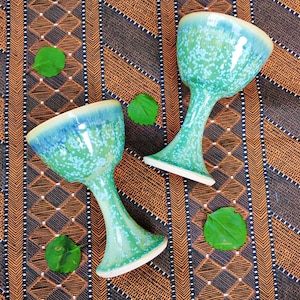 Vintage Pair Mid Century Pottery Pedestal Vases, Vintage Blue Pottery Pedestal Cups, Vintage Blue and Green Pottery, Vintage Boho Chic Decor