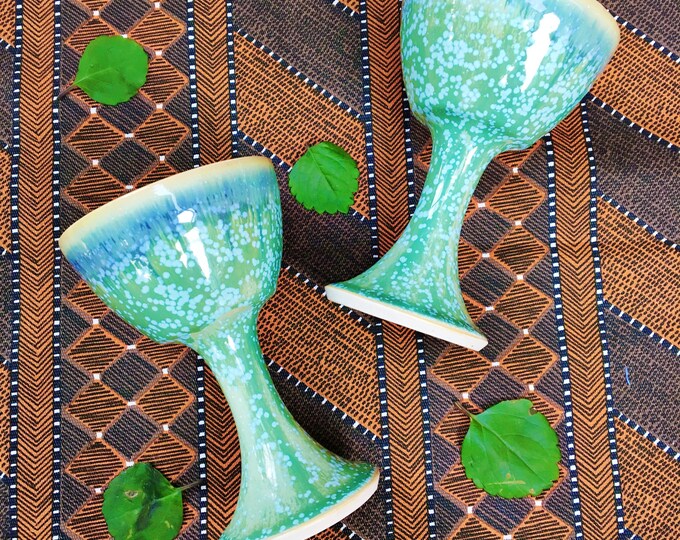 Vintage Pair Mid Century Pottery Pedestal Vases, Vintage Blue Pottery Pedestal Cups, Vintage Blue and Green Pottery, Vintage Boho Chic Decor