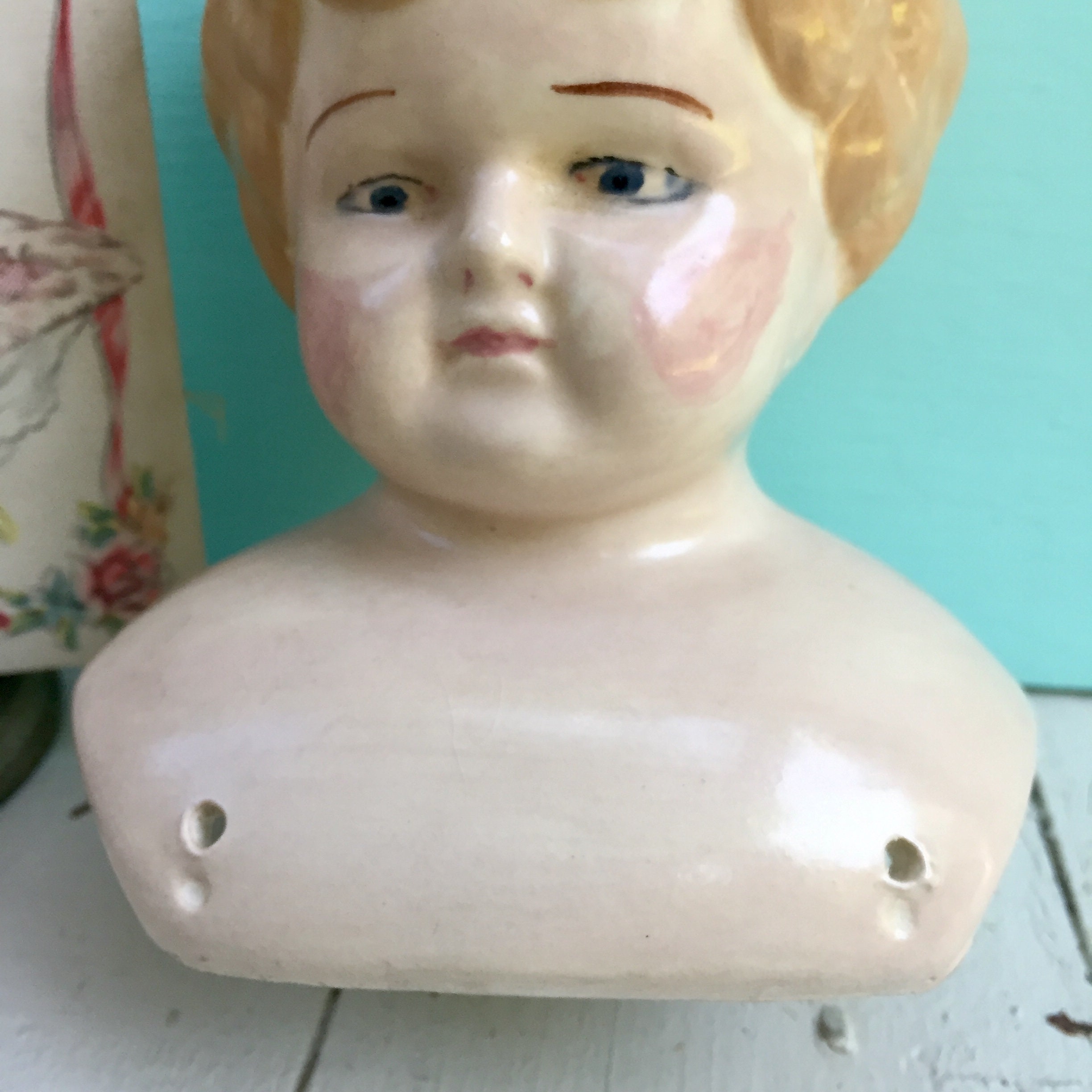 Vintage Ceramic Doll Head, Porcelain Hand Painted Doll Head, Vintage