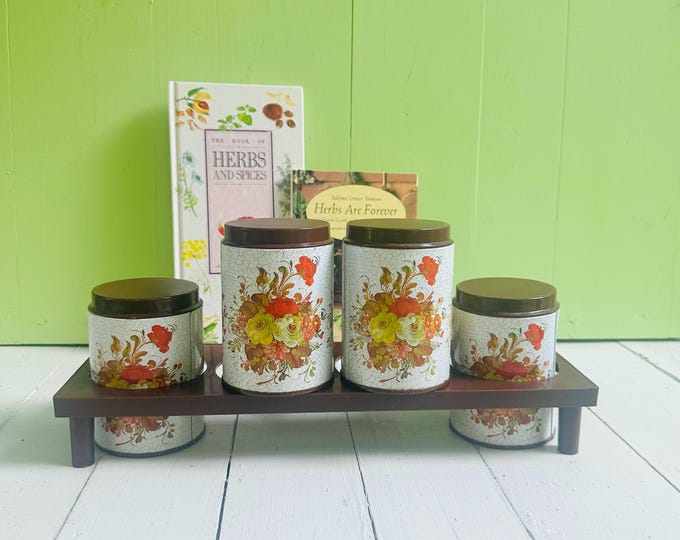 Vintage 1970s Tin Spice Jars with Display Rack, Set of Four, Retro Spice Jars with Rack, Botanical Tin Jars, 70s Spice Rack, Spice Canisters
