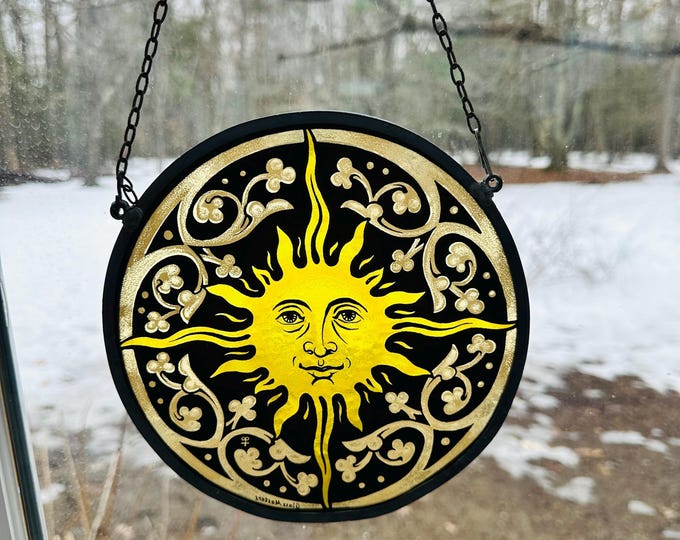 Vintage 90s Sun Face Suncatcher Stained Glass Early Glassmakers Large Hanging Sunshine Glass Suncatcher Art