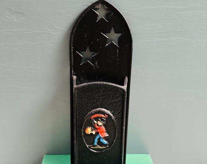 Vintage Cast Iron Wall Match Holder Black Americana Colonial Lantern Boy Fireplace Match Safe