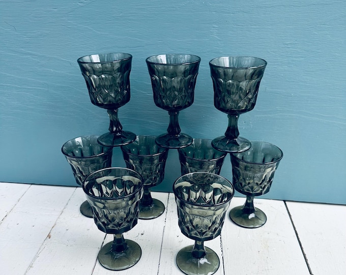 Vintage Noritake Perspective Smoky Drinking Glasses Set of Nine Black Small Water Glasses Footed Goblets Vintage Barware Retro Drinkware