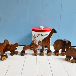 Vintage Wooden Zoo Animal Train Six Pieces Lion Giraffe Camel Bear Hippo Elephant Wooden Animals Handcarved Wood Train Set Zoo Train