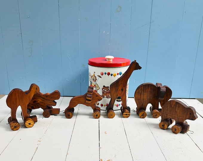 Vintage Wooden Zoo Animal Train Six Pieces Lion Giraffe Camel Bear Hippo Elephant Wooden Animals Handcarved Wood Train Set Zoo Train