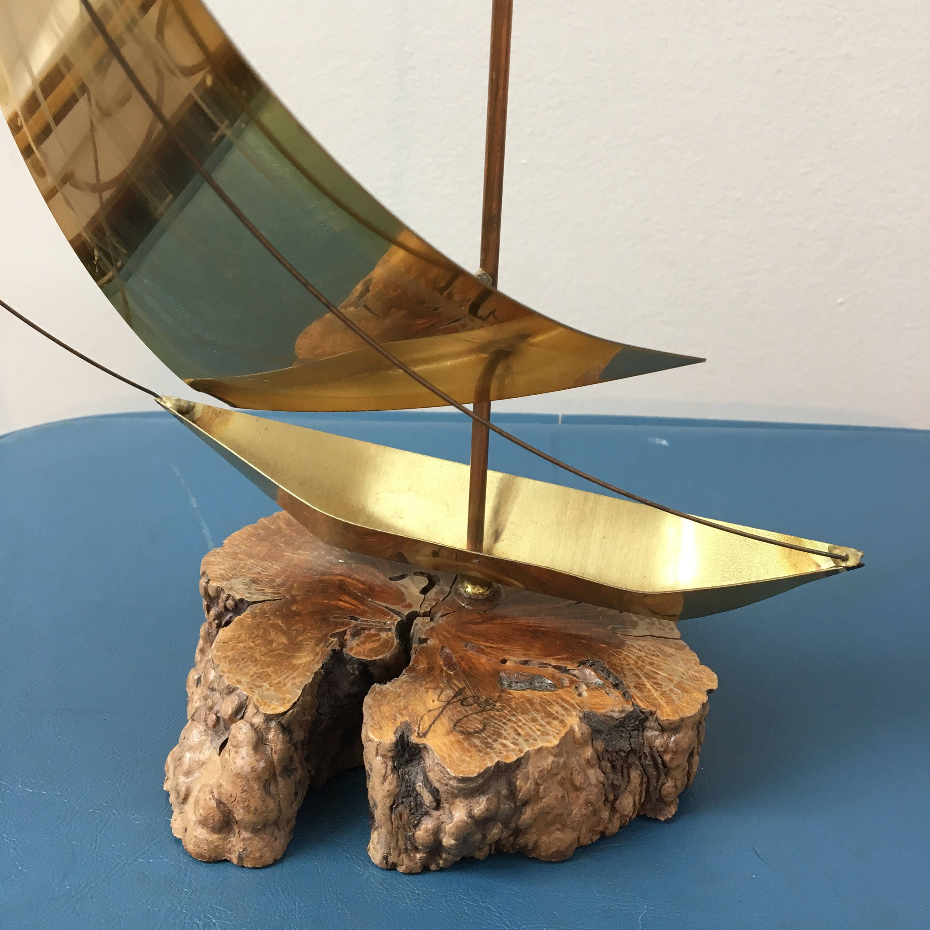 Vintage Brass Sailboat, Sailboat on Wood Block, Vintage Nautical Decor