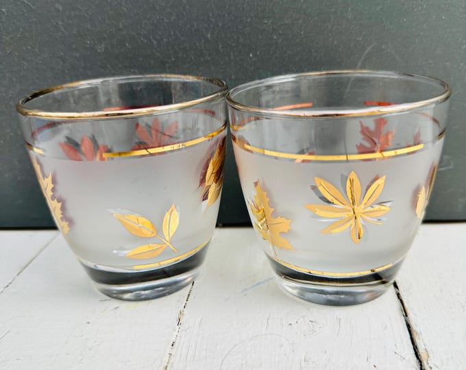 Vintage MCM Libbey frosted glass Old Fashioned tumblers with gold leaf foliage, pair drinking glasses