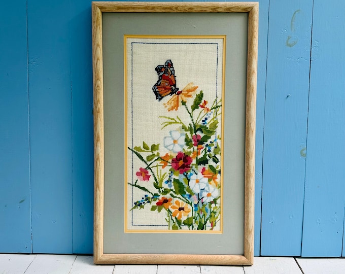 Vintage Framed Butterfly Cross Stitch Wildflower Needlework Wall Art Cottagecore Botanical Decor