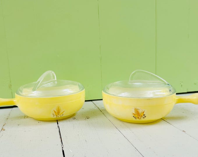 Pair MCM Vintage Glasbake Individual Casserole Dishes, Wing Lids, Lug Handles, Golden Wheat Design, Yellow Dishes, Retro Kitchen