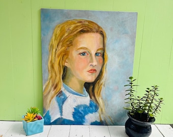 Vintage original portrait oil painting young girl blue eyes modern figurative wall art 16X20 canvas art