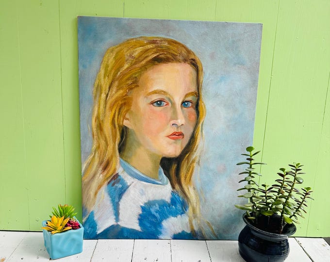 Vintage Original Portrait Painting Little Girl Blond Hair Blue Eyes 16X20 Canvas Portrait Art Unframed Vintage Girls Room Decor Vintage Oil