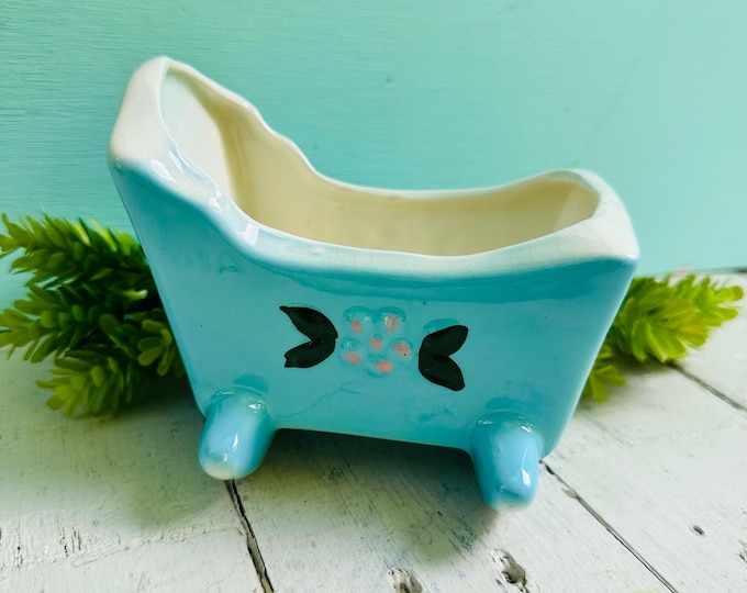 Vintage Shawnee Pottery Blue Baby Cradle Planter Ceramic Nursery Planter Cottagecore Decor Mid Century Pottery