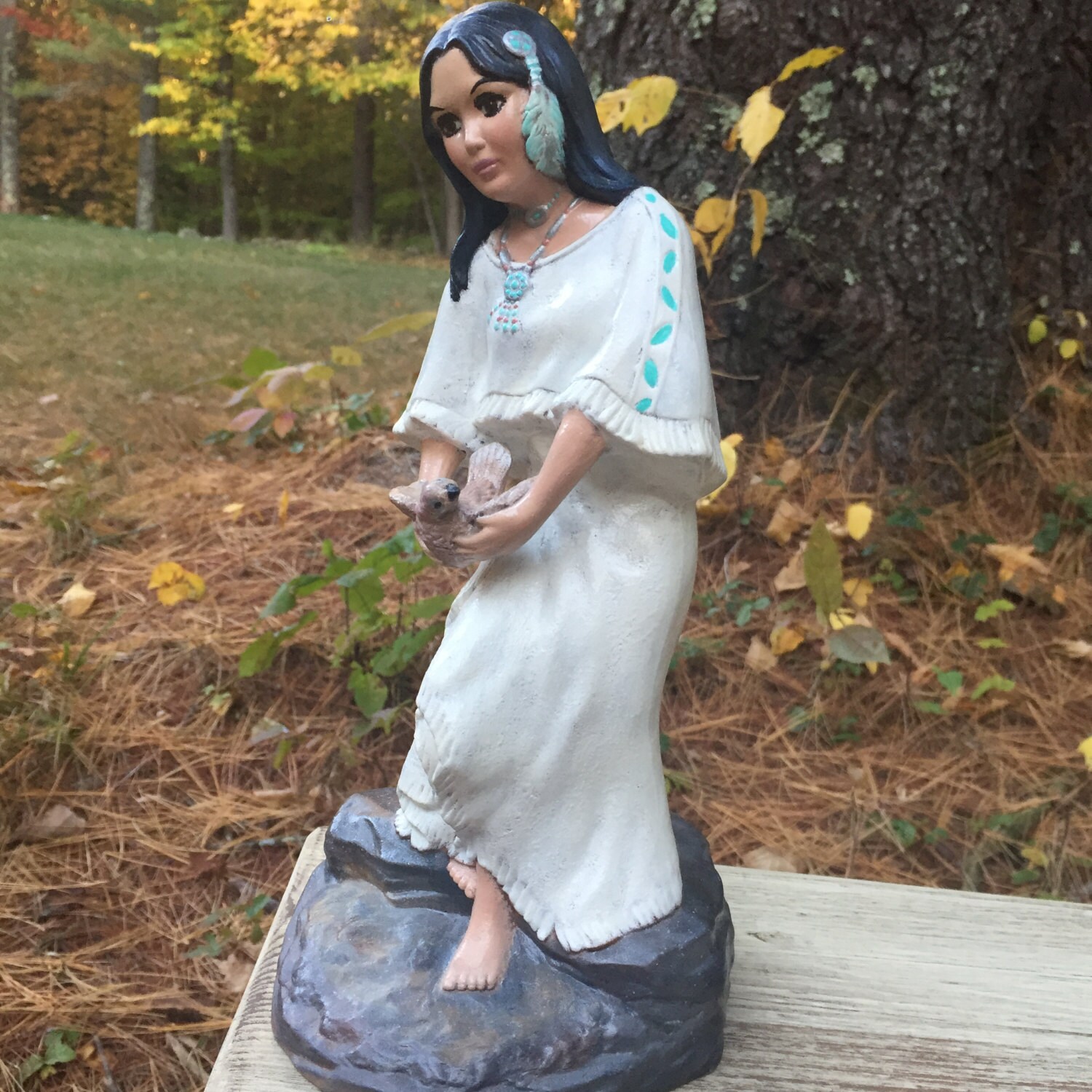 Vintage Native American Indian Woman Ceramic Statue with Bird, Native