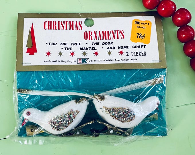 Vintage 50s Flocked Bird Clip Christmas Ornaments Pair NOS MCM White Bird Glitter Xmas Ornaments Vintage Bird Christmas Ornaments