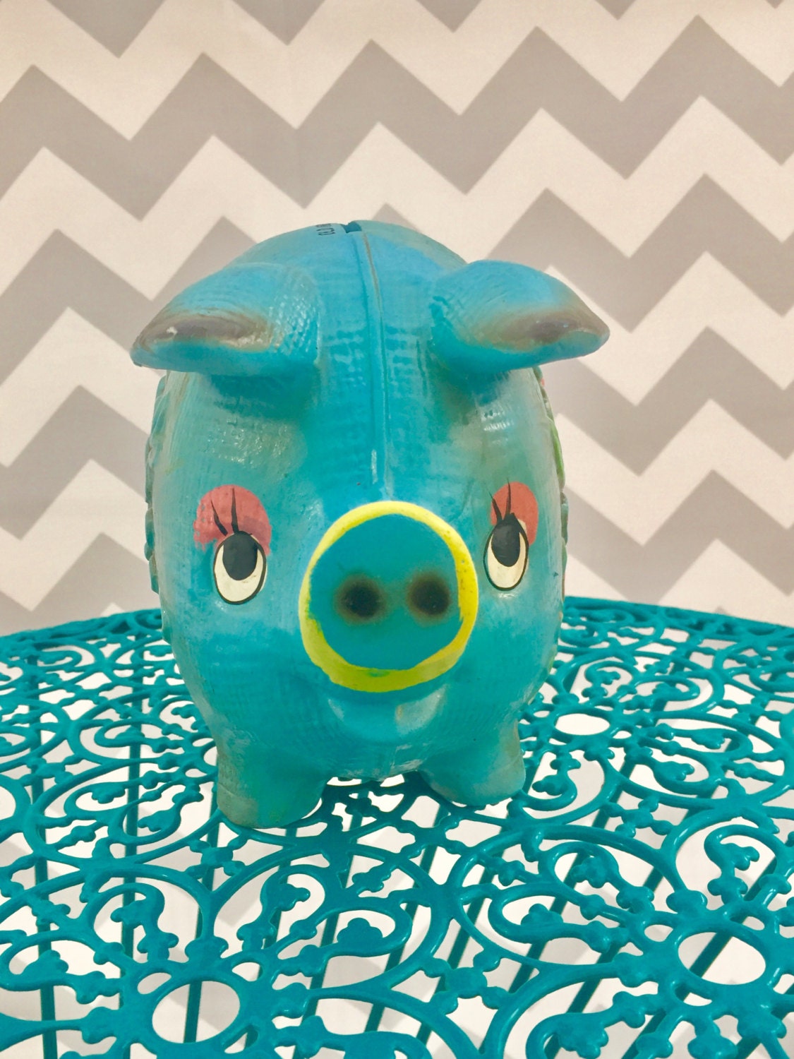 Vintage Mod Piggy Bank, Blue Floral Piggy Bank, Retro Coin Bank