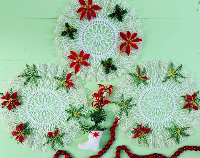 Vintage MCM Plastic Christmas Doilies Set of Three Kitschy Christmas Poinsettia Doily Xmas Table Decor Mid Century Christmas Decor