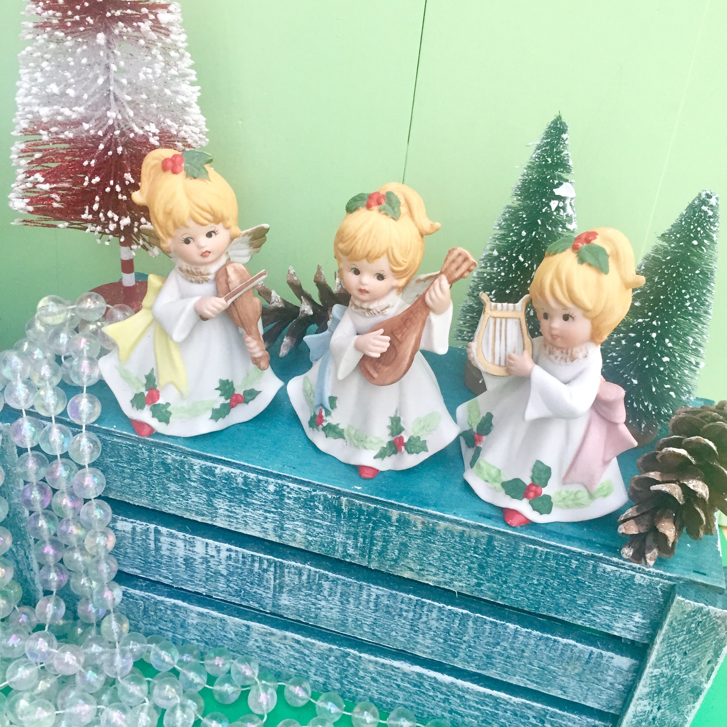 Vintage Christmas Angel Figurines, Set of Three, Vintage Christmas Angel Knick Knack, Homco 