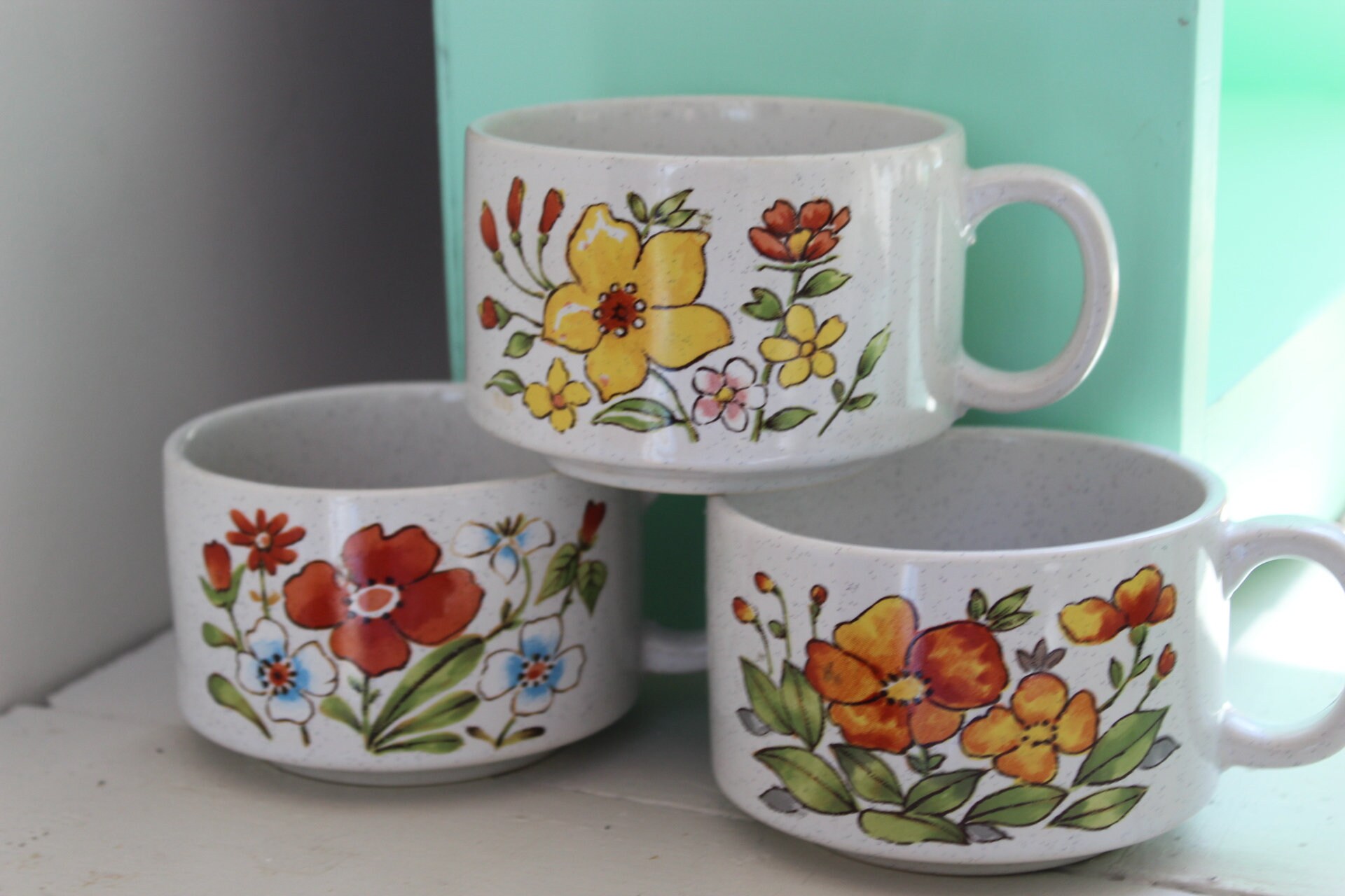 Vintage Soup Mugs, Set of Three, Vintage Stacking Mugs, Retro Mugs