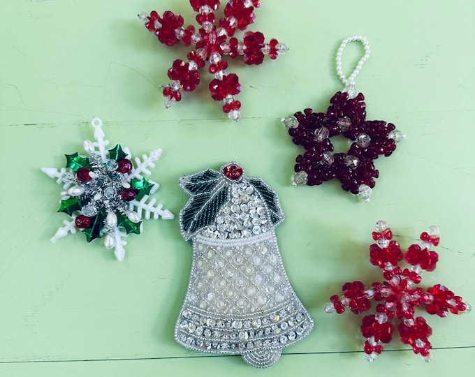 Vintage MCM Christmas Beaded Ornament Lot Set of Five Beaded Snowflake Ornaments Beaded Bell Ornament Vintage 60s Xmas Star Ornaments
